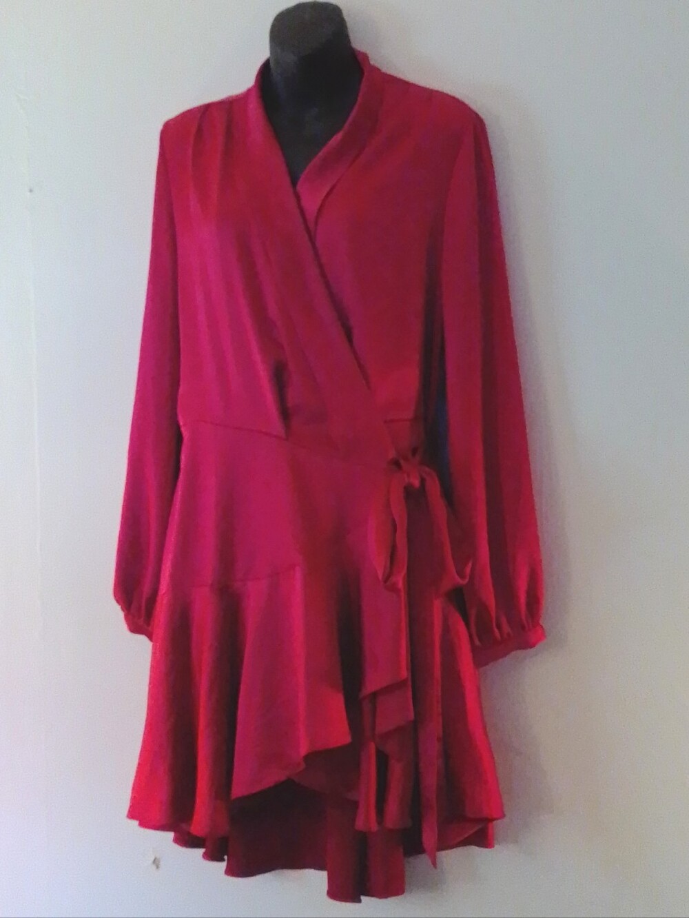 Lucy Paris Red V-neck Satin Ruffle Wrap Dress with Tie